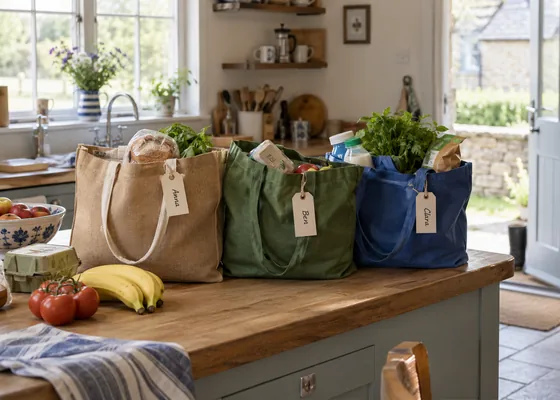 Labelled shopping bags on a kitchen counter.