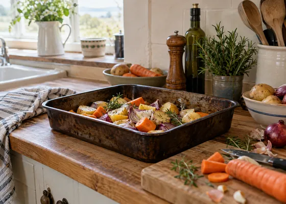 Roasting tin and vegetables on a country kitchen counter.