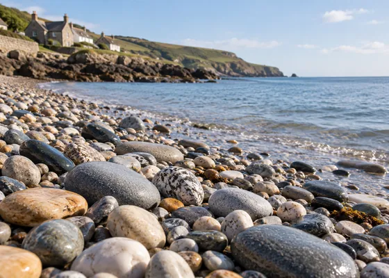 Smooth beach pebbles beside calm sea water.