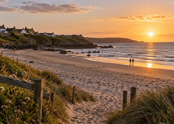 Quiet sandy beach in warm evening light.