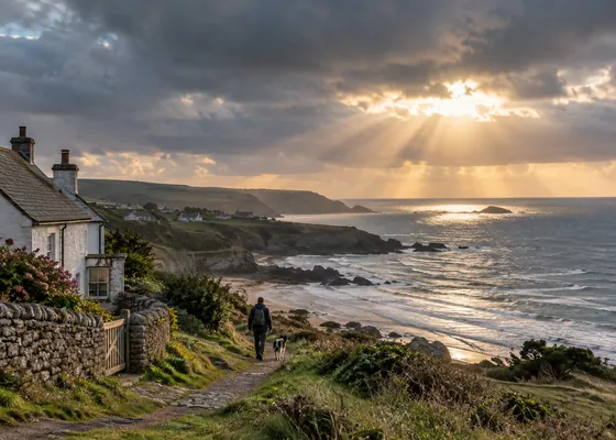 Sun breaking through dark clouds over a British coastline.