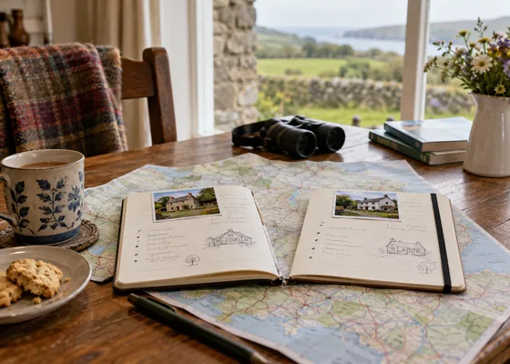 Two accommodation notes beside a countryside map.