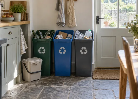 Separate household recycling containers beside a kitchen door.