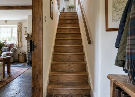 Narrow timber staircase inside an old cottage.