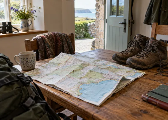 Folded walking map on a wooden table beside walking boots.