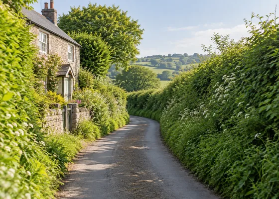 Country lane enclosed by thick green hedgerows.