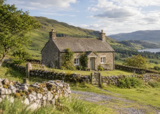 Single stone country cottage surrounded by rolling green hills.