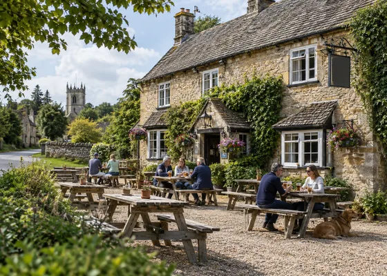 Traditional country pub exterior with wooden outdoor tables.