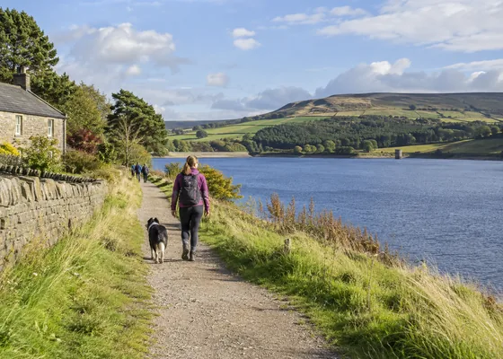 Path beside a large reservoir with grassy banks.