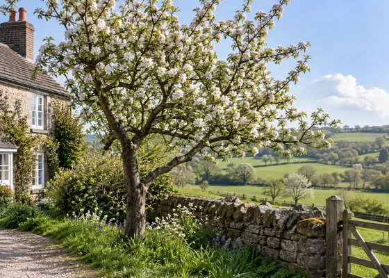 Flowering fruit tree beside green countryside in spring.