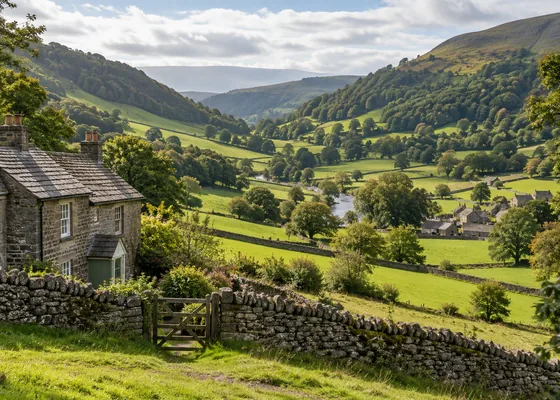 Green British valley with stone walls and wooded hills.
