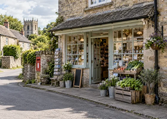 Small traditional village shop exterior in England.