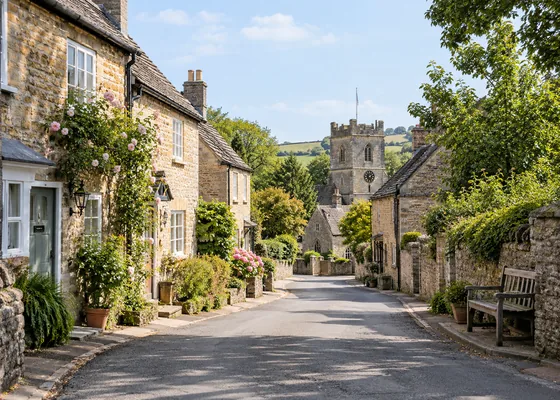 Quiet British village street on a bright weekday morning.