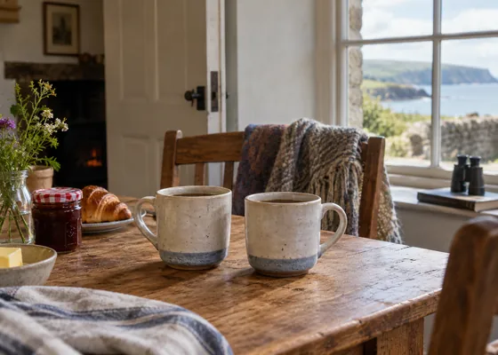 Two mugs at a small cottage breakfast table.