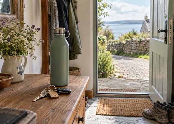 Keys and a reusable water bottle beside the front door.