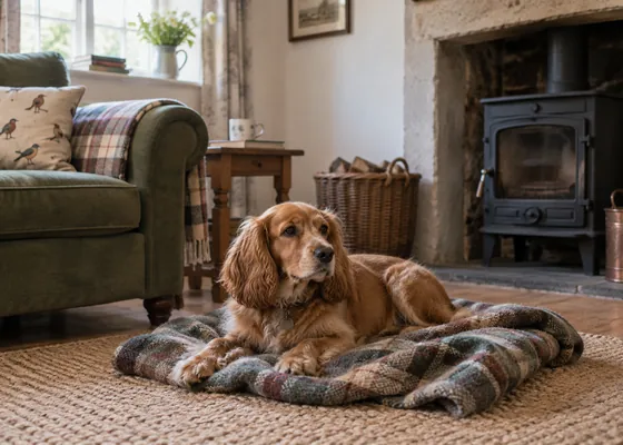 Dog resting on its own blanket in a sitting room.