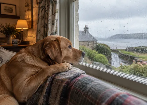 Dog looking through a rain-speckled window.