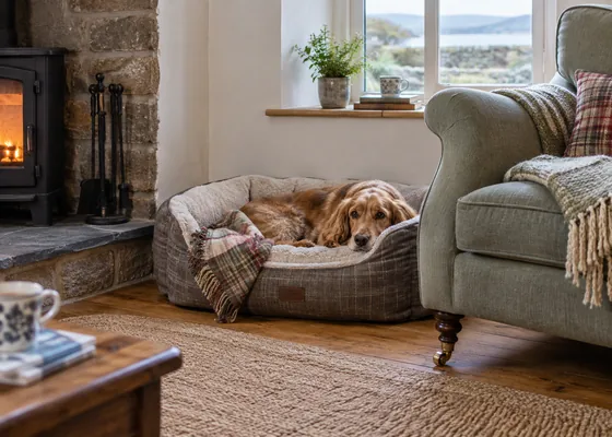 Dog bed tucked beside an armchair.