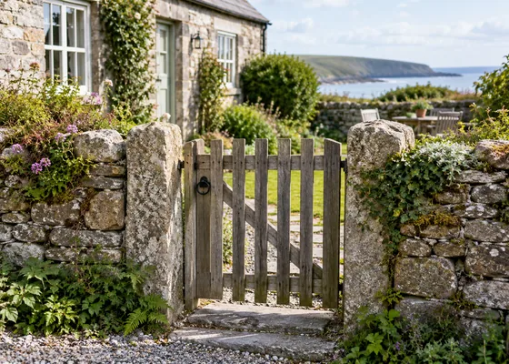 Timber garden gate and low stone wall.