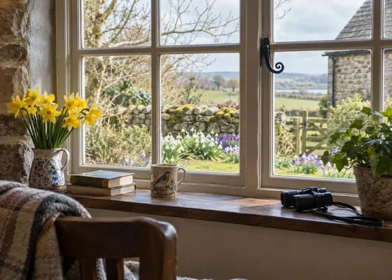 Cottage window looking onto early spring flowers.