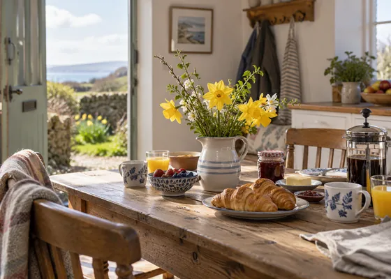 Simple breakfast table with spring flowers.