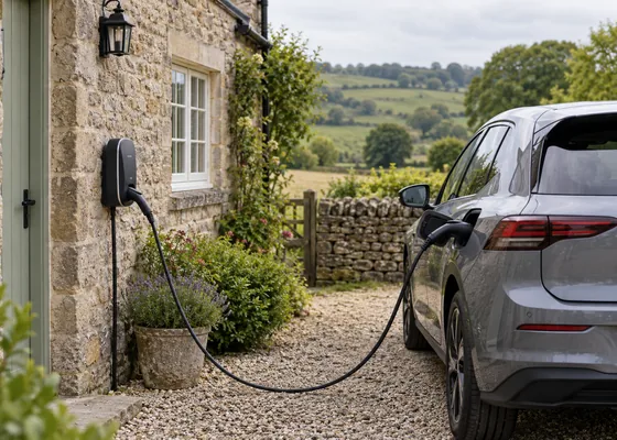Electric car connected to a dedicated driveway charge point.