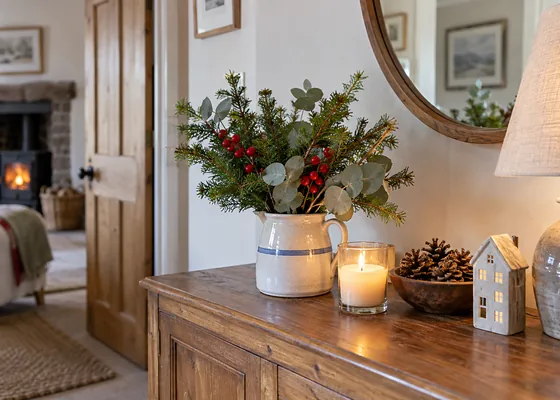 Small festive arrangement on a cottage sideboard.