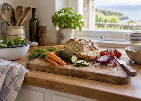Small portions of vegetables and bread on a kitchen board.