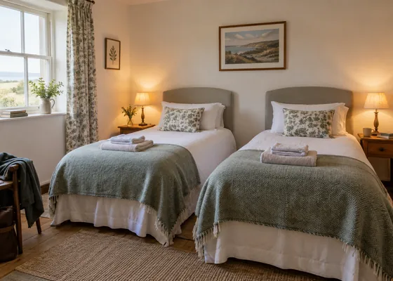 Bedroom with twin beds and separate bedside lamps.