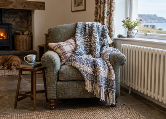 Knitted blanket on an armchair beside a radiator.