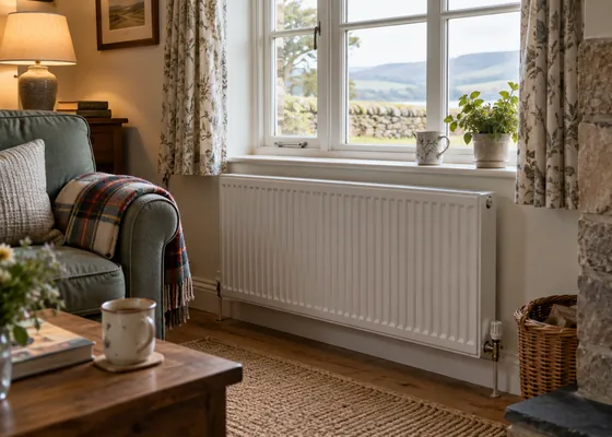 Radiator beside a window in a cottage sitting room.
