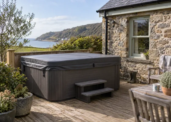 Covered outdoor hot tub beside a timber terrace.