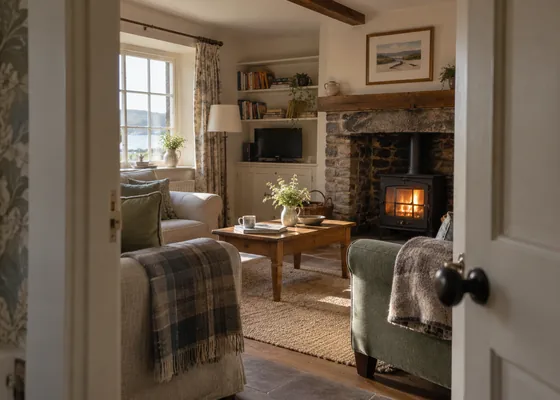 Cottage sitting room seen through a doorway.