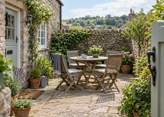 Small enclosed cottage courtyard with table and chairs.