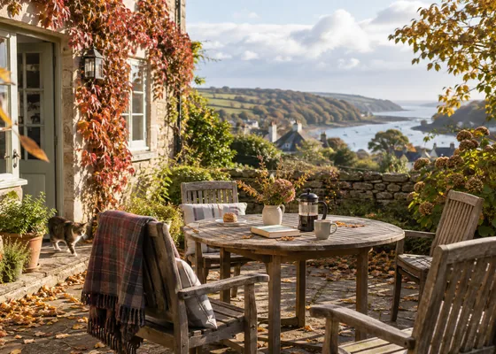 Cottage terrace with early autumn leaves.
