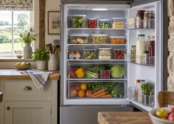 Neatly arranged fridge shelves with food containers.