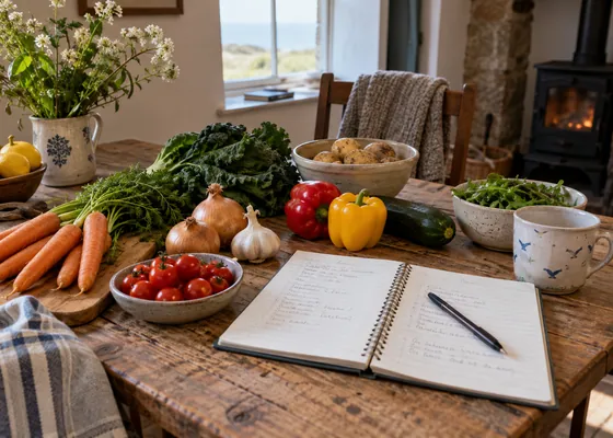 Handwritten meal notes beside vegetables on a table.