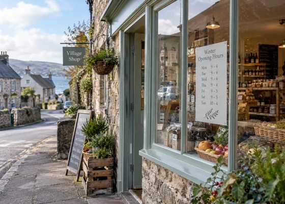 Village shop frontage with a notice in the window.
