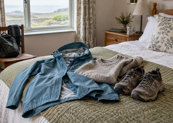 Light raincoat jumper and walking shoes on a bed.