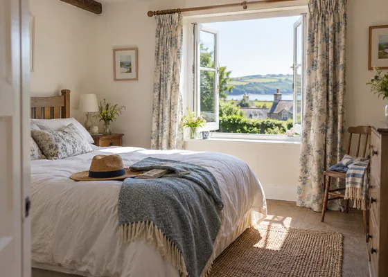 Airy cottage bedroom with curtains and open window.
