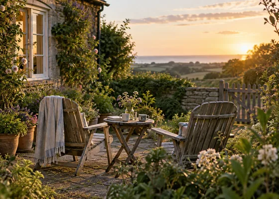 Cottage garden chairs in soft evening light.