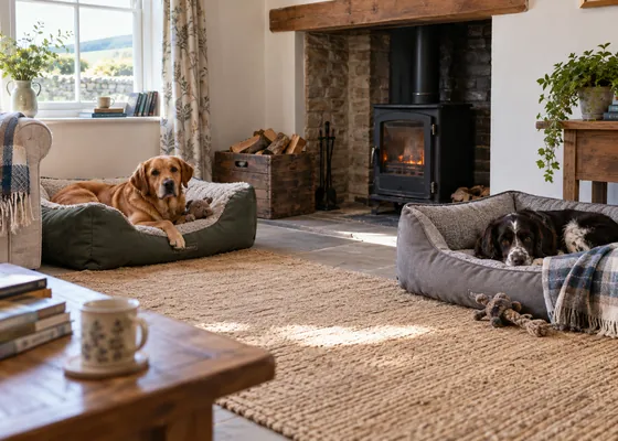 Two dog beds spaced across a bright room.