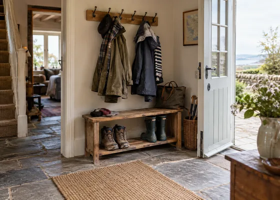 Two sets of shoes and coats in a large entrance hall.