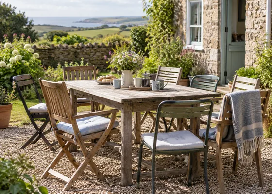 Extra chairs around an outdoor cottage table.
