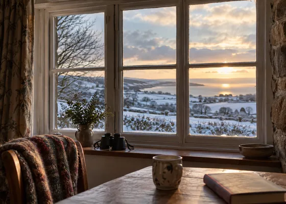 Cottage window overlooking a winter afternoon.