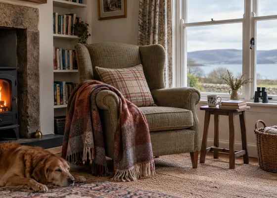 Reading chair and blanket beside a window.